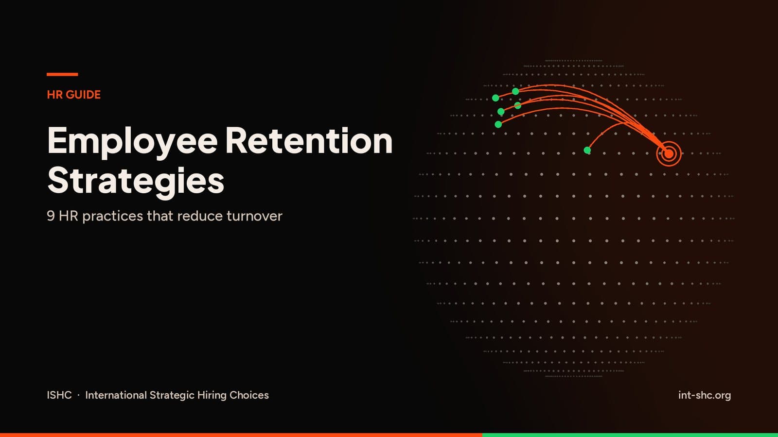 Orange routes on a dark dotted globe linking green points to one hub, titled Employee Retention Strategies: 9 HR Practices