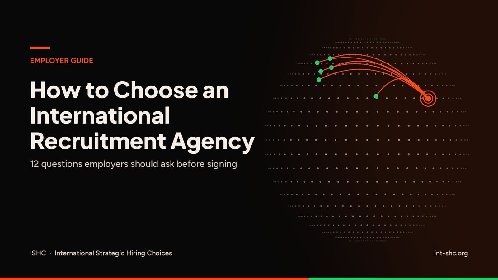 Orange hiring routes from South Asia to Europe on a dark globe, titled How to Choose an International Recruitment Agency