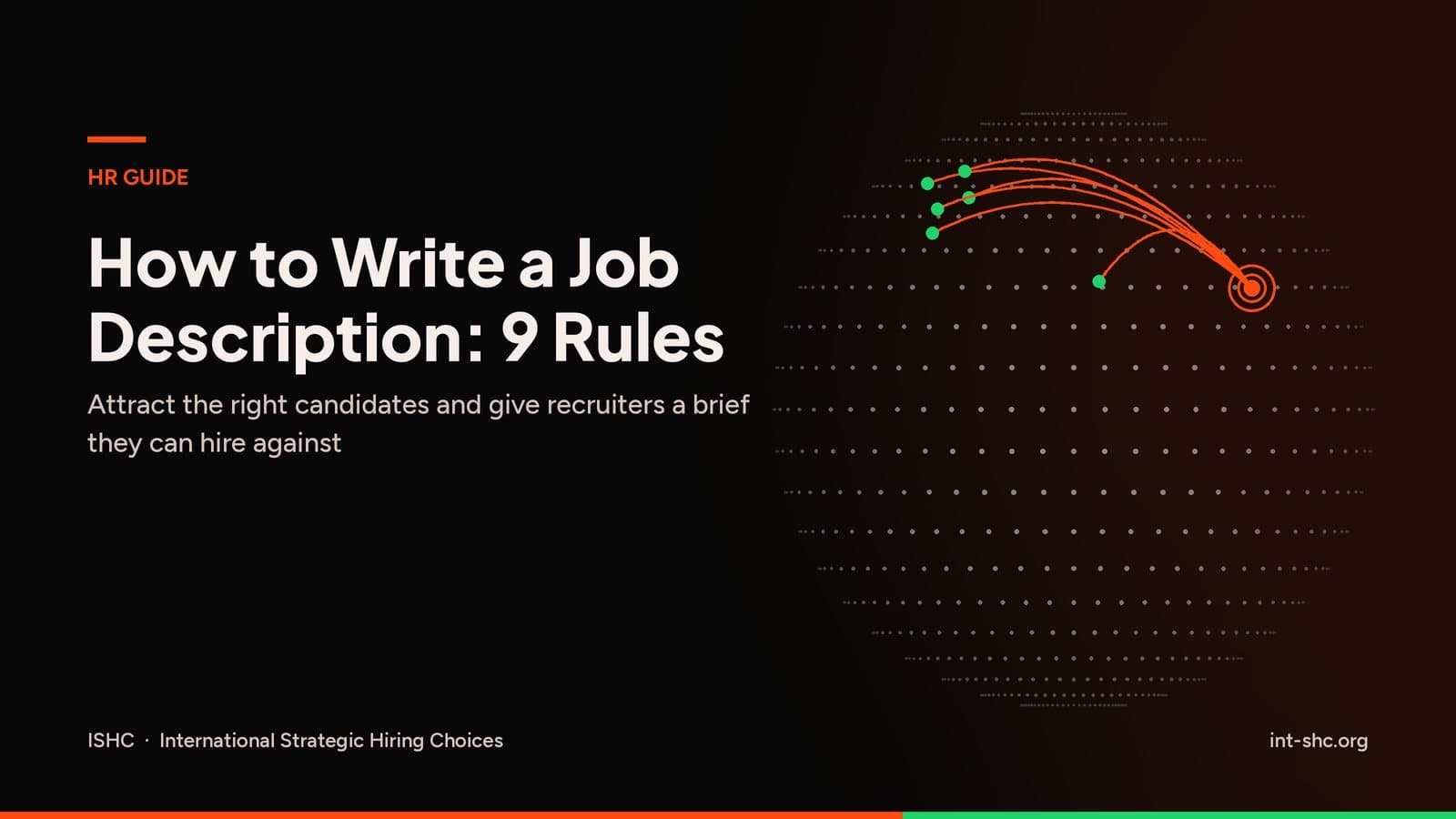 Orange hiring routes linking a hub to sites on a dark dotted globe, titled How to Write a Job Description: 9 Rules