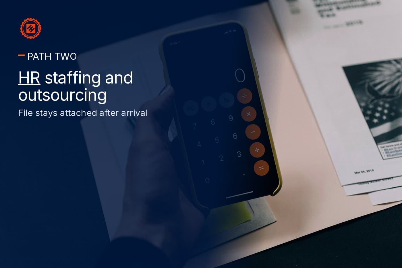 A calculator and employment file on a payroll desk — HR staffing and outsourcing.