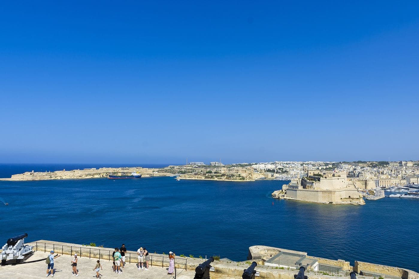 Grand Harbour, Valletta, seen from the Upper Barrakka — the Malta / Mediterranean corridor.